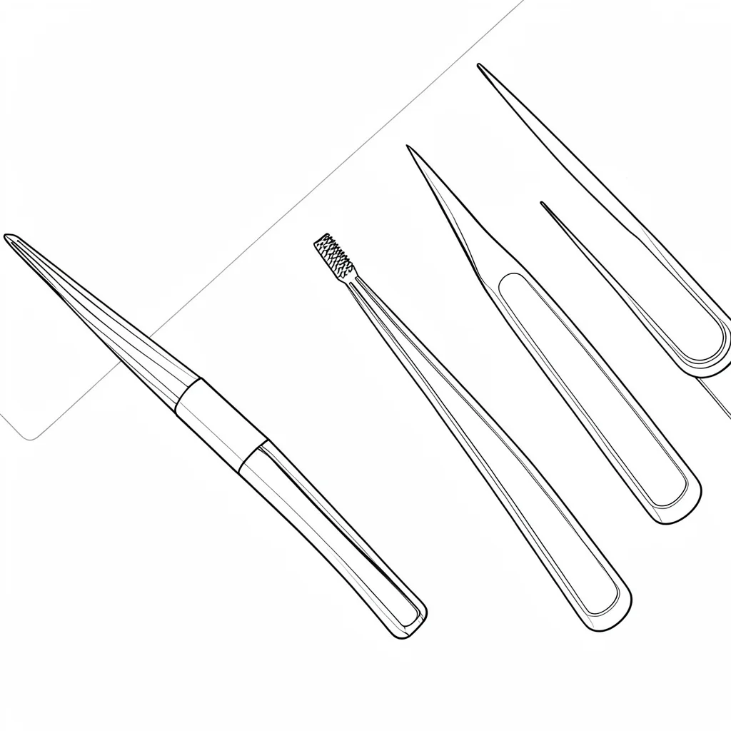 Wide schematic banner of a workbench arrangement of tiny tools — tweezers, spudg