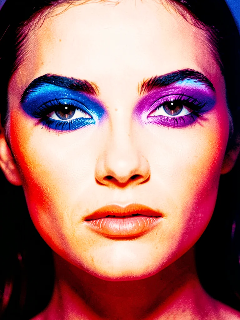Portrait with ultra-saturated eye shadow — cobalt and violet, colour dense at li
