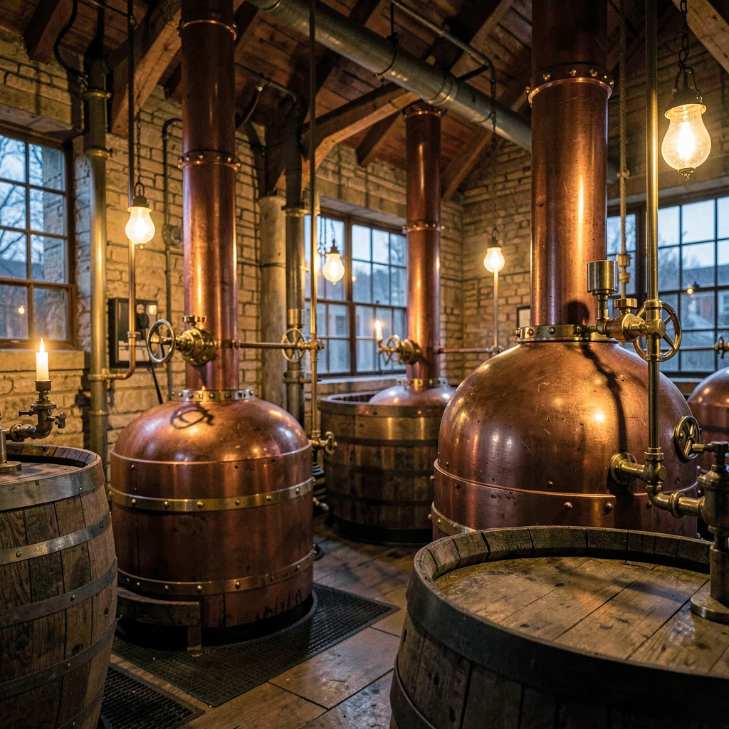 inside a Scottish whisky distillery still room at evening, copper pot stills gle