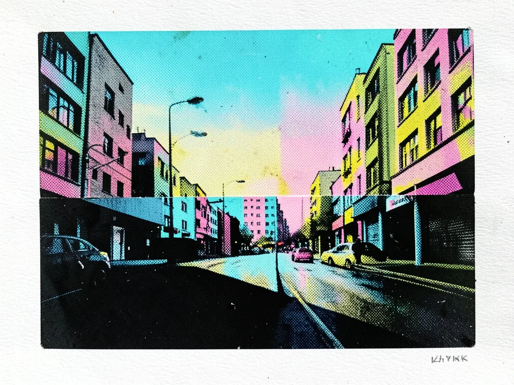 Screenprint of urban scene with black plate only aligned, CMY layers offset crea