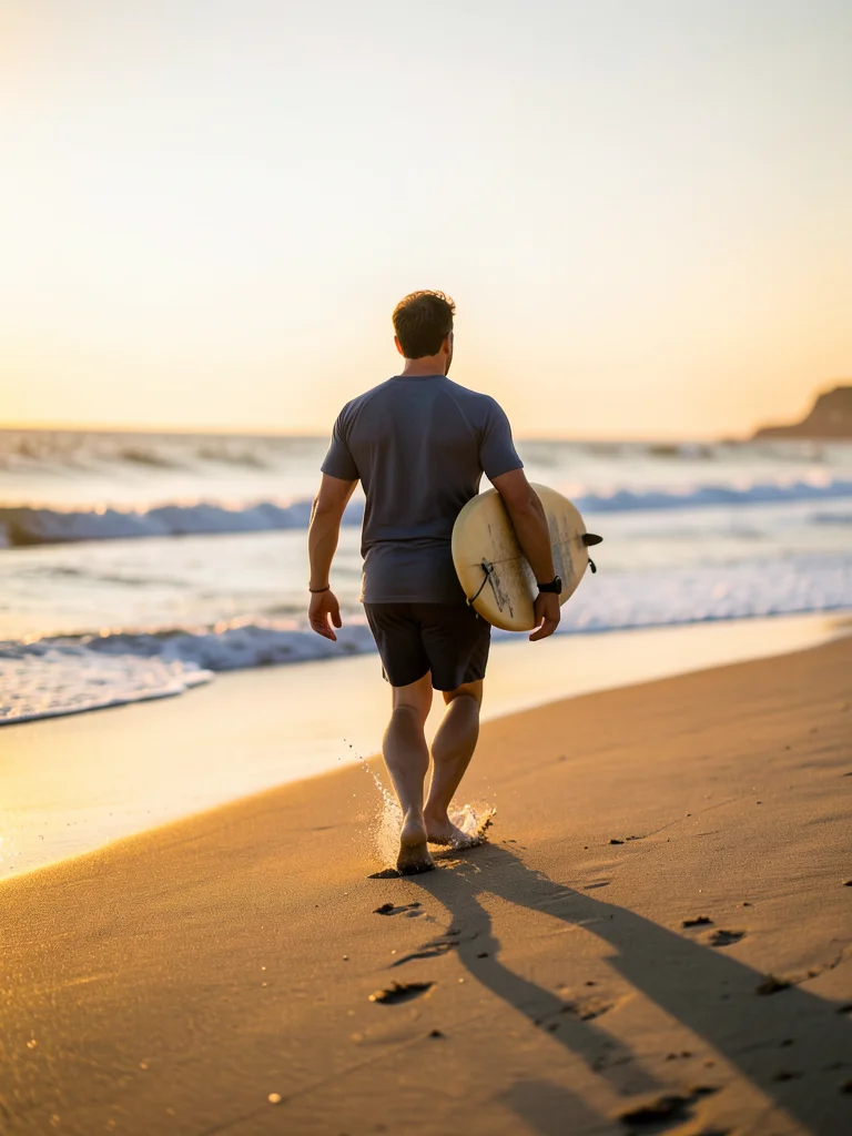 Surfer walking into ocean at dawn, board under arm, empty beach