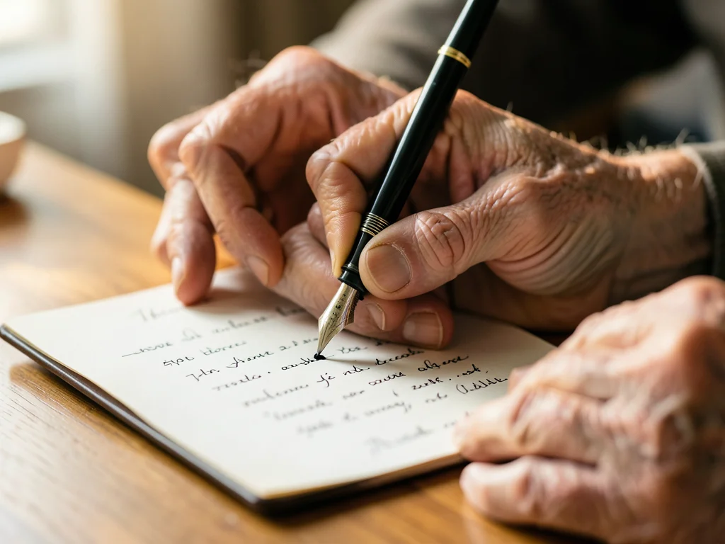 Elderly hands writing a letter with a fountain pen, the ink flowing, the paper h