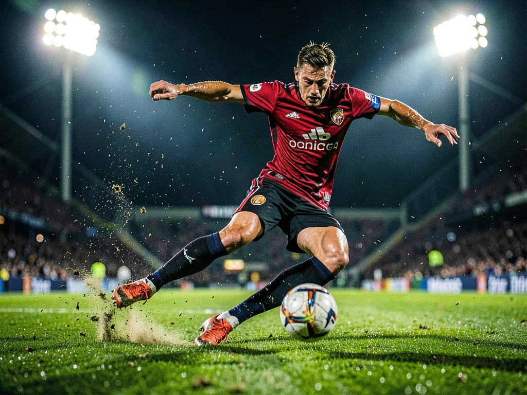 Soccer player striking the ball with perfect form, grass flying, evening floodli