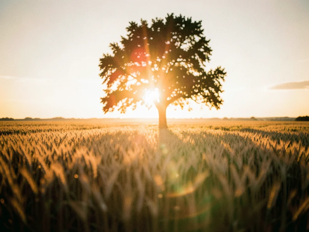 Wheat field at sunset with a single tree silhouetted, golden stalks backlit, len