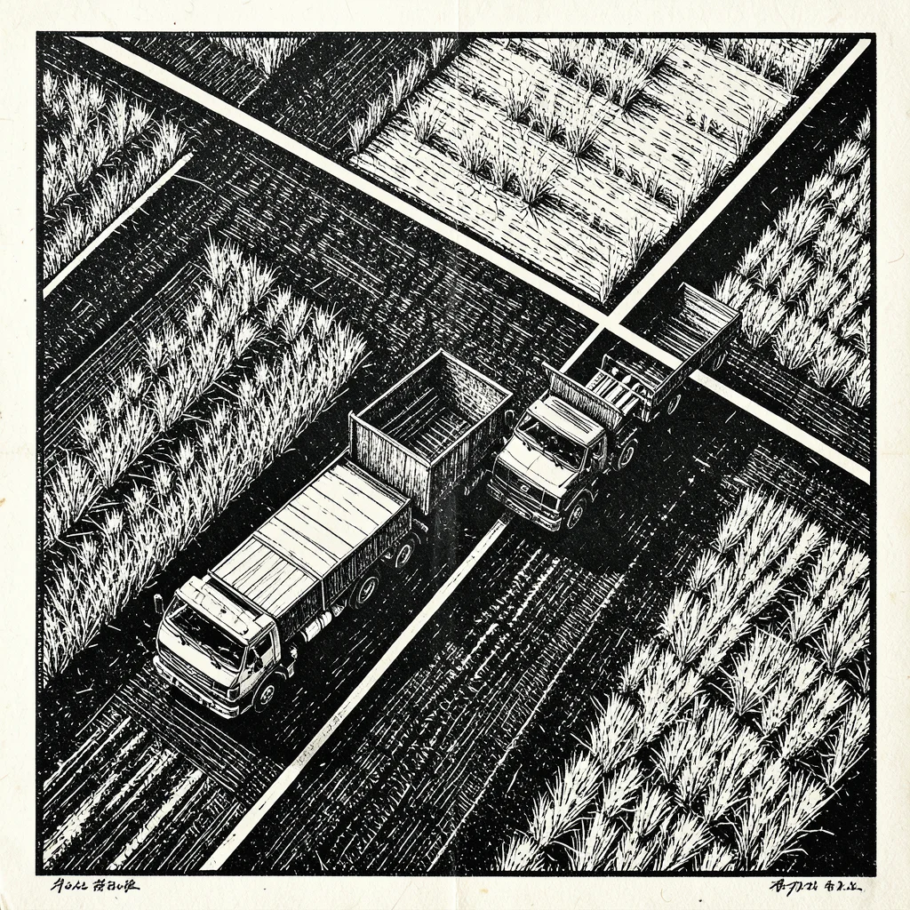 A combine and three trucks seen from directly above, creating a geometric patter