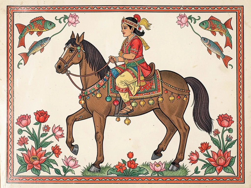 Horse with decorated saddle and bells, rider in ceremonial attire, flowers aroun