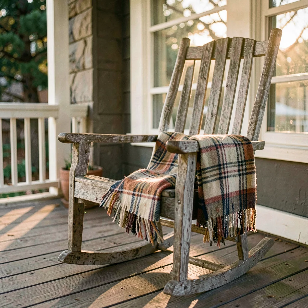 A weathered porch rocking chair at golden hour with a folded plaid blanket drape
