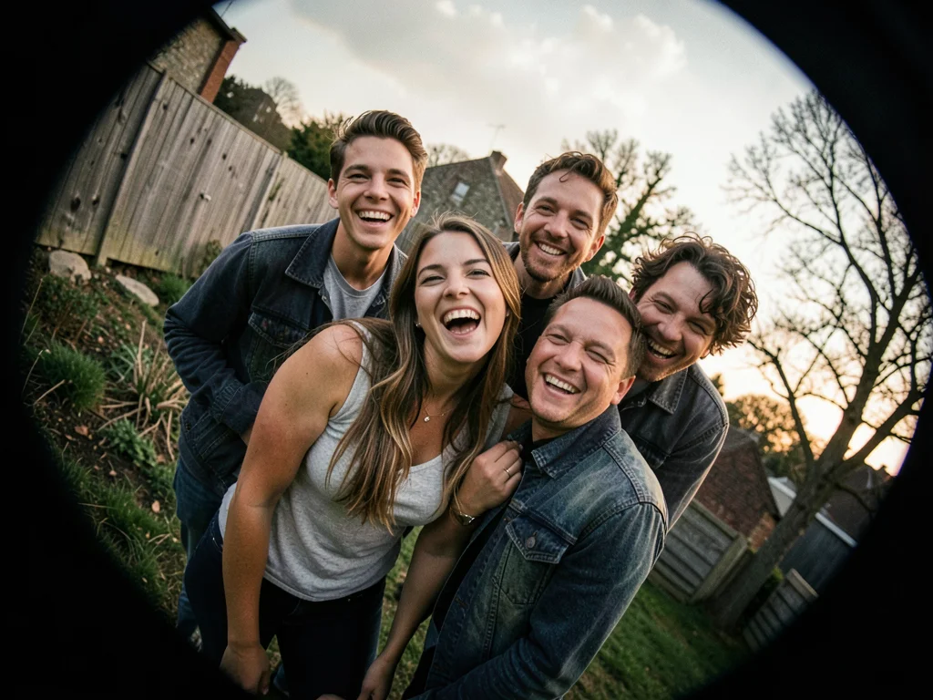 Family photo being taken, photographer's perspective showing the forced smiles f