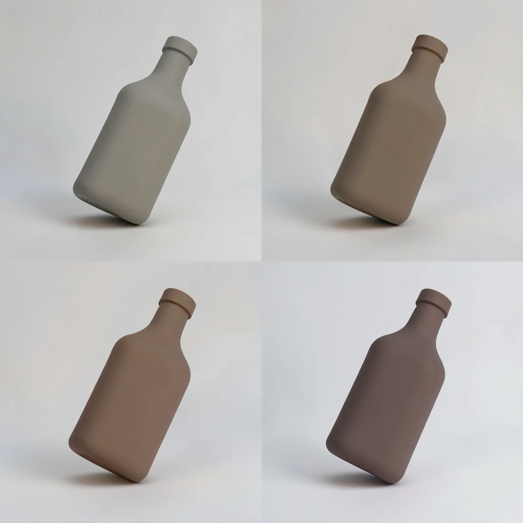 A 2x4 grid of abstract sauce-bottle mockups in muted earth tones, bottles slight