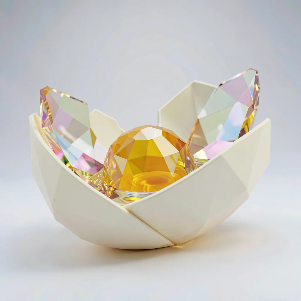 Bright citrine lowpoly egg cracked open with a faceted yolk dome and crystalline