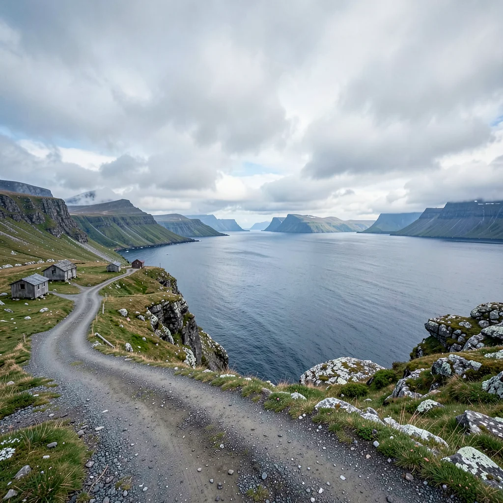 Icelandic isolation, Westfjords remoteness, Dirt road ending at cliff edge, sea 