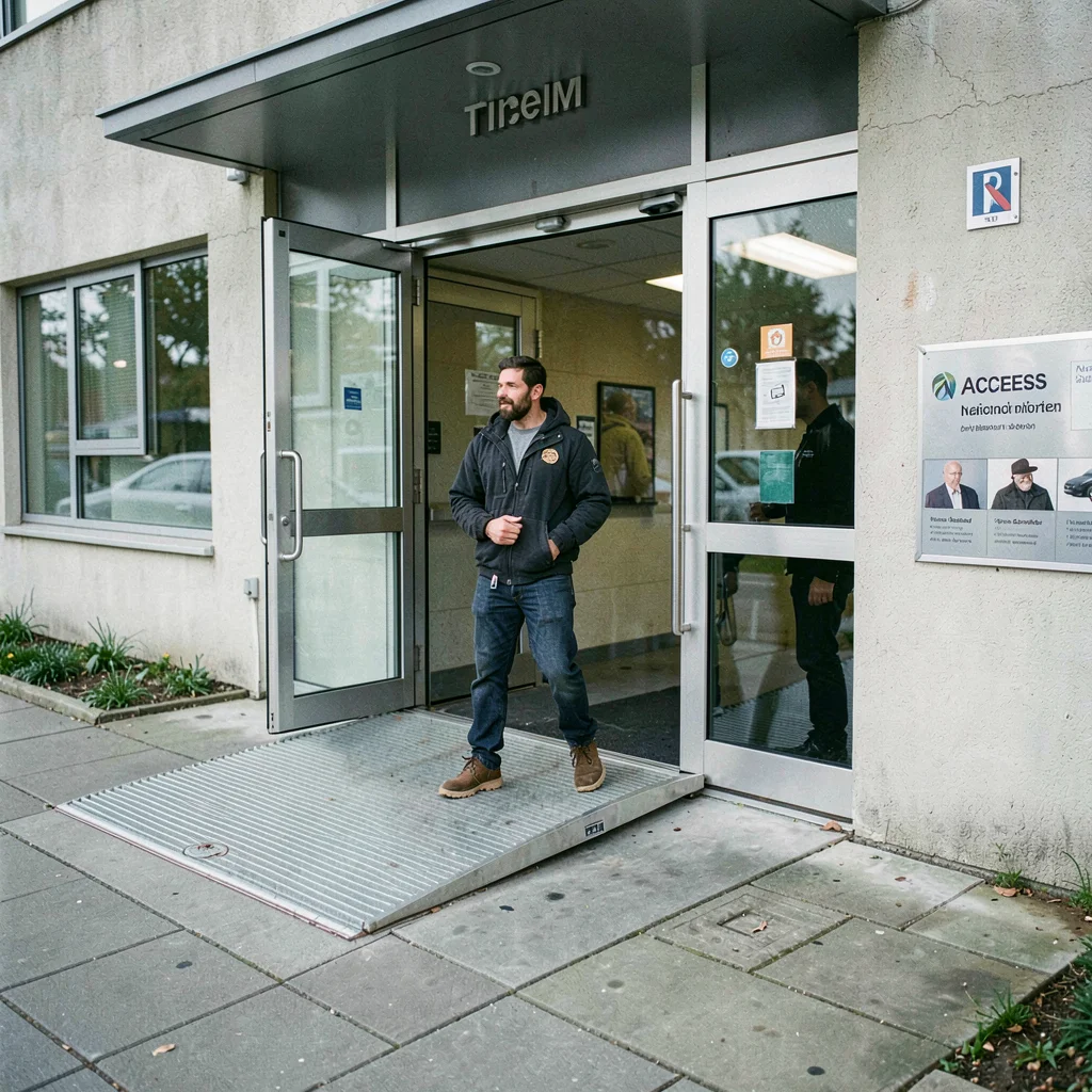 Documentary photography, unposed moment, Accessible building entrance with ramp 