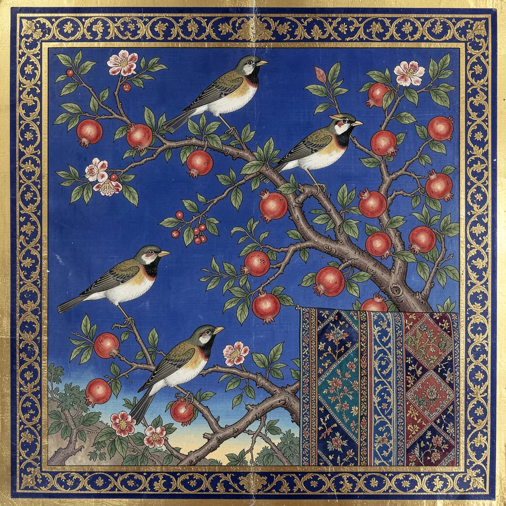 Birds among flowering pomegranate branches against a lapis blue sky