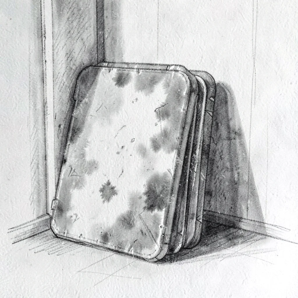 Loose charcoal sketch of a stack of dust-coated drawing boards leaning against a