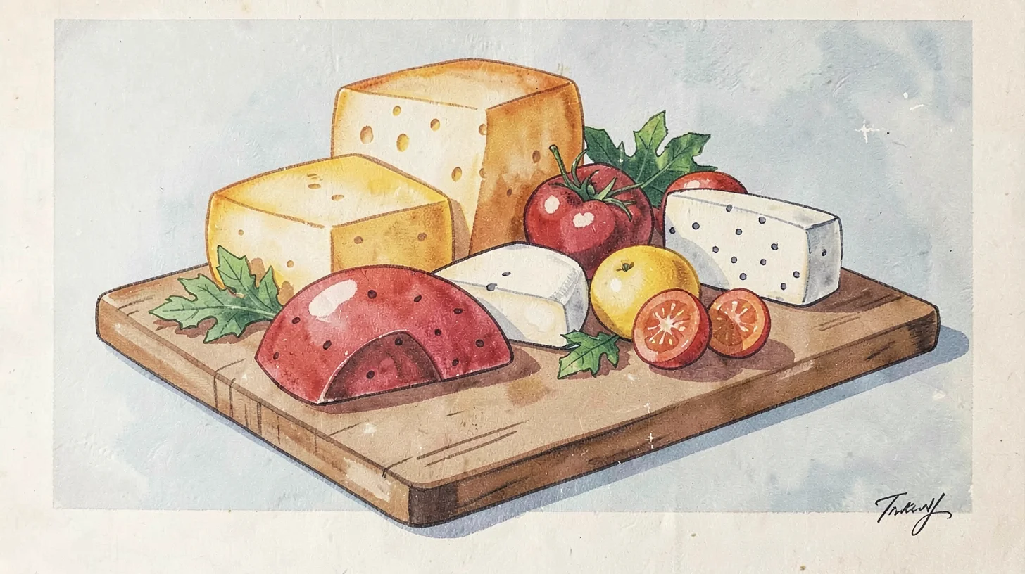 Gouache illustration, cheese board arrangement , opaque matte pigment, flat colo