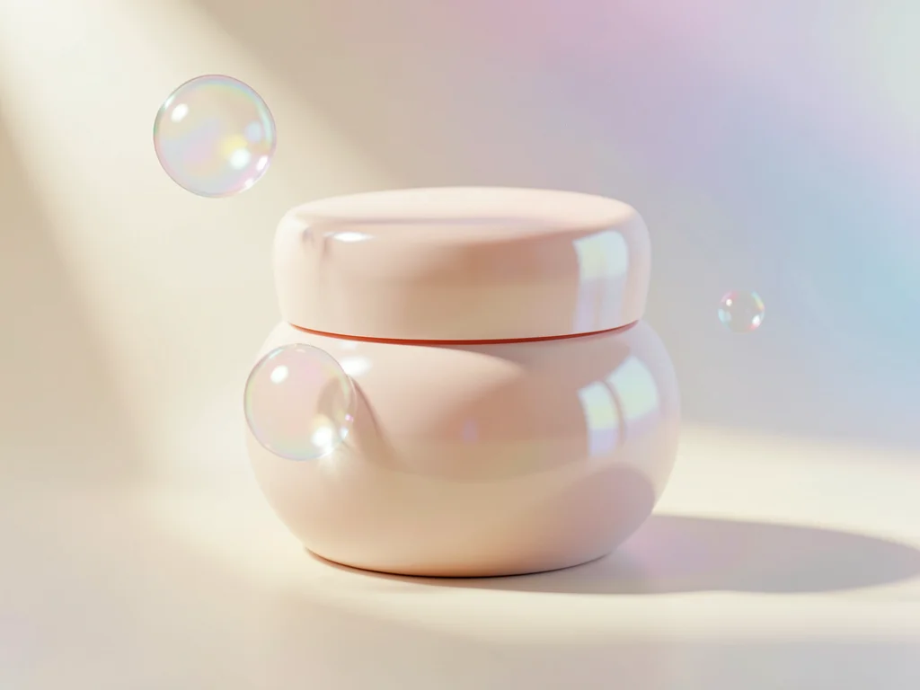 Polished ceramic skincare jar with a pale rose-quartz cap on a creamy beige grad