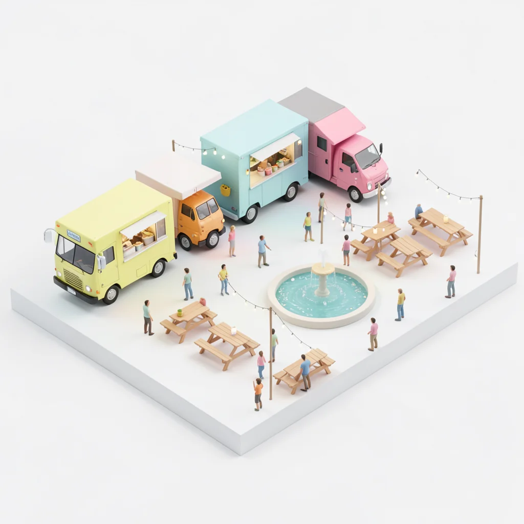 A food truck festival: three colorful trucks, picnic tables, string lights, a fo