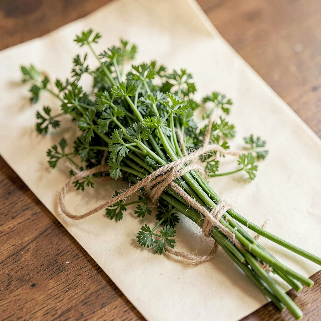 hand-tied posy of fresh chervil and tarragon stems wrapped with raw cotton threa