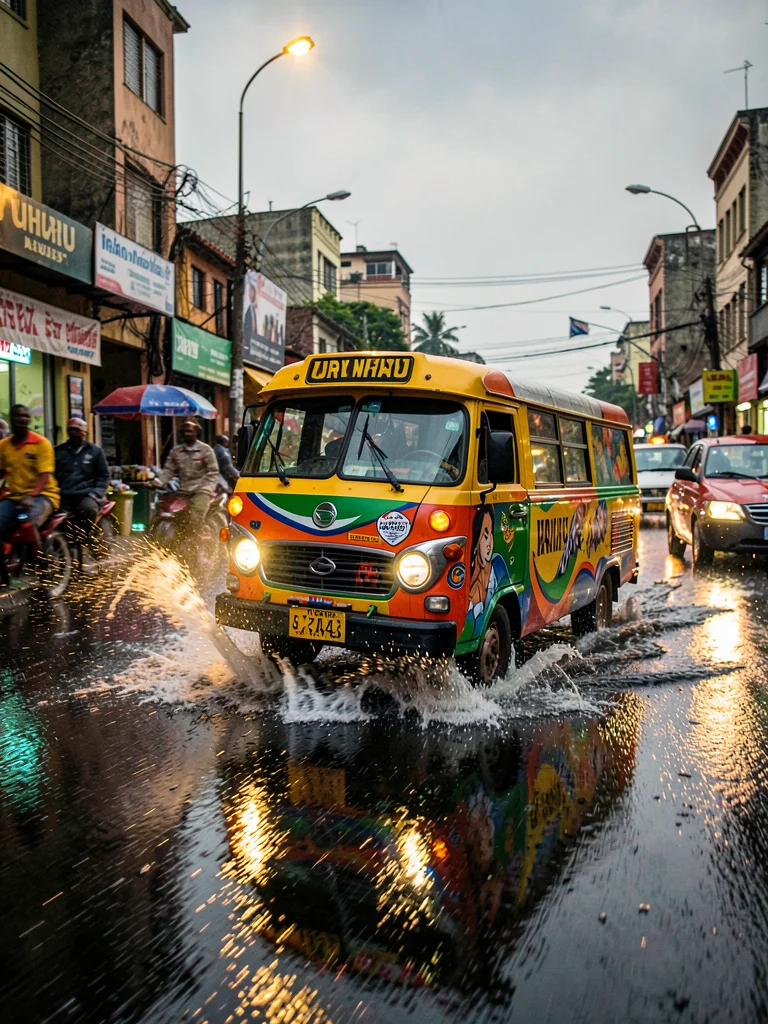 Kinetic Nairobi street energy, panned motion blur with sharp details, Matatu spl