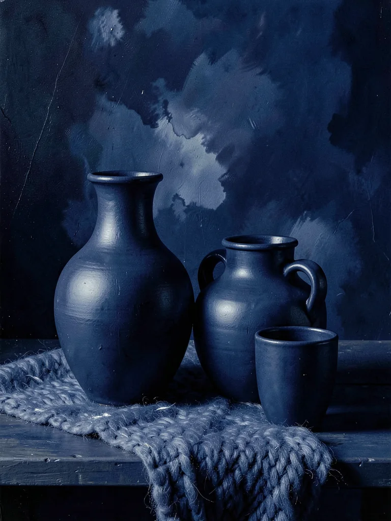 Navy blue study, ceramic vessels, wool throw, painted backdrop, deep blue variat
