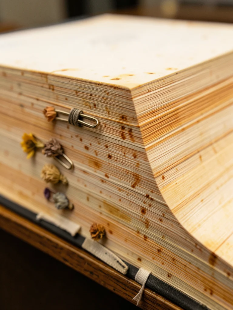 Book edge with decades of page markers: ribbons, paper clips, dried flowers, cre