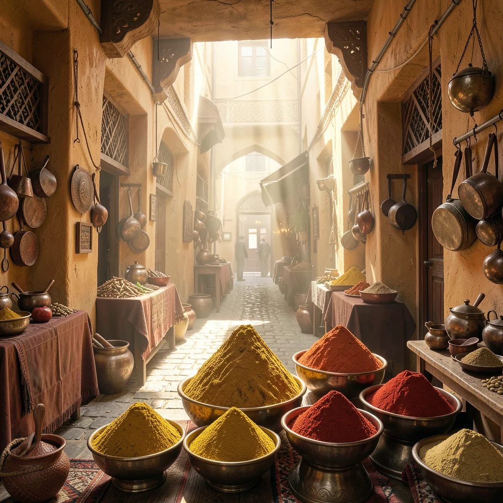 Fes medina light penetration, souk depth, pyramid of spices in brass bowls, turm