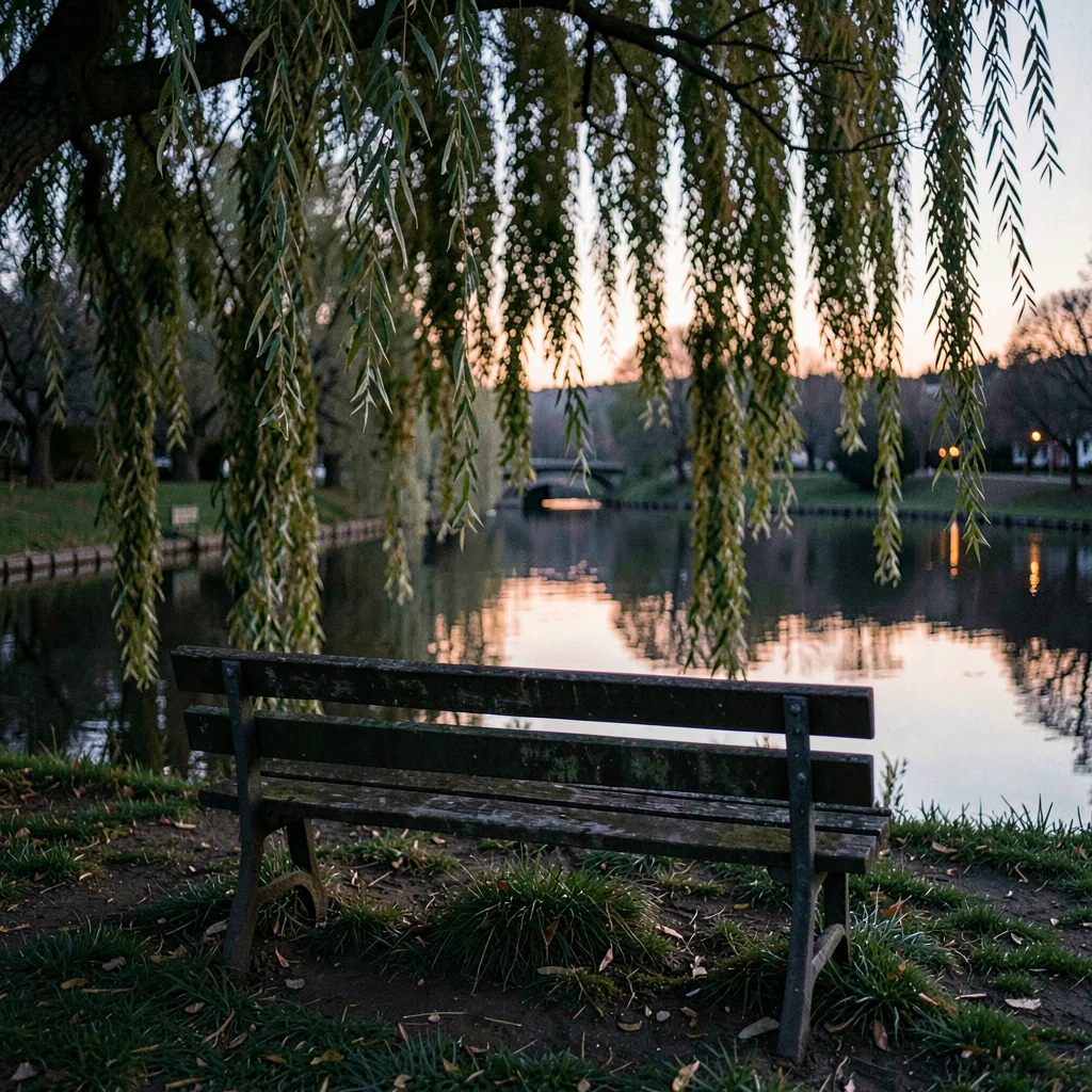 moody bench under a willow at twilight, mirror-still pond beyond
