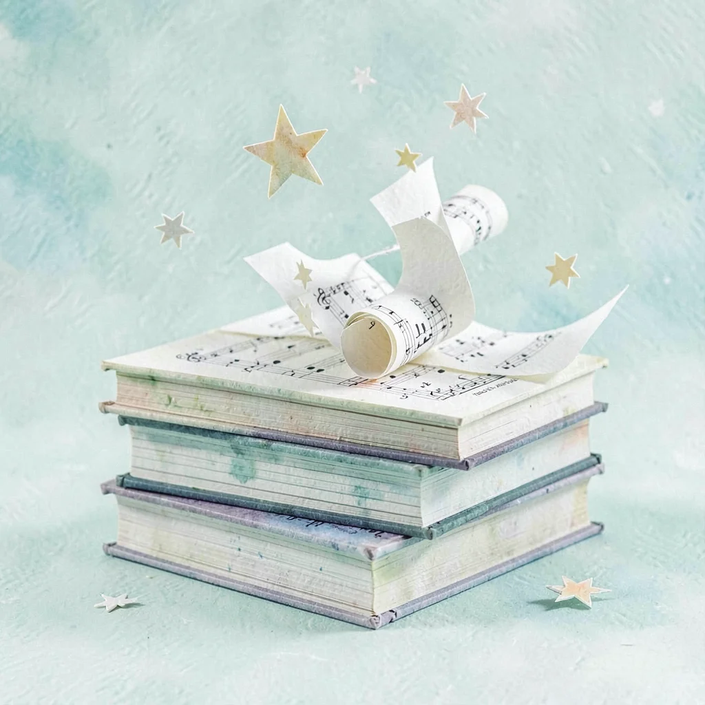 Stacked papercraft music books with curling cut-paper pages spilling stars, calm