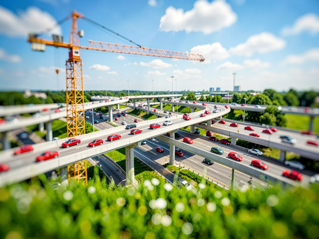 Daytime tilt-shift miniature of a multi-level highway interchange from a tower c