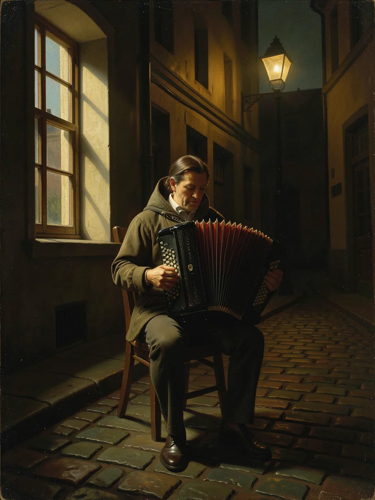A street musician playing accordion on a cobblestone street, a single streetlamp