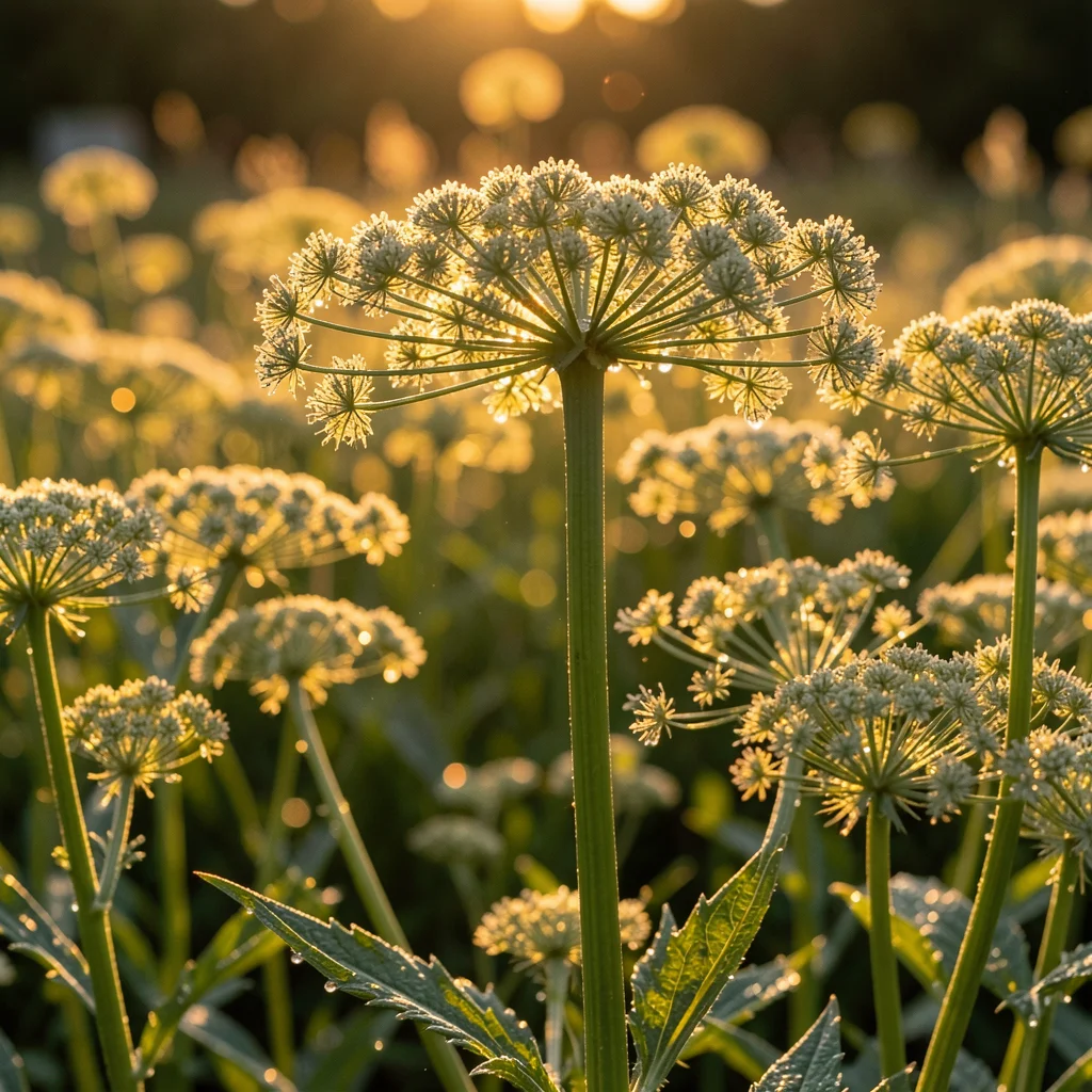 Dill heads gone to seed, the umbrella-shaped flower clusters catching golden hou