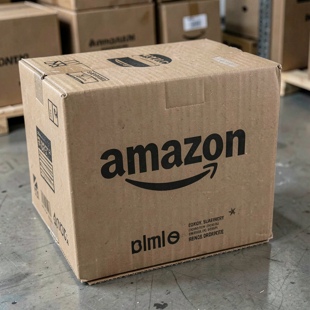Amazon smile logo on box, corporate cardboard branding, packaging iconography