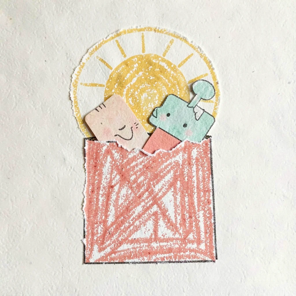 Cut-paper still of a paper goodie bag with paper toys peeking out, calm halo