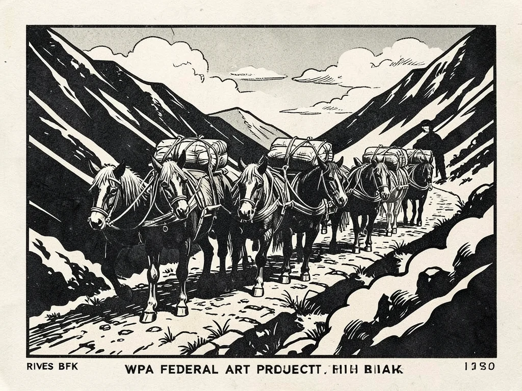 A pack mule train on a narrow mountain switchback, five mules loaded with suppli