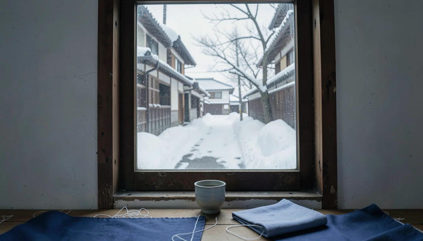 Documentary-style photograph, intimate and close, northern Japanese textile work