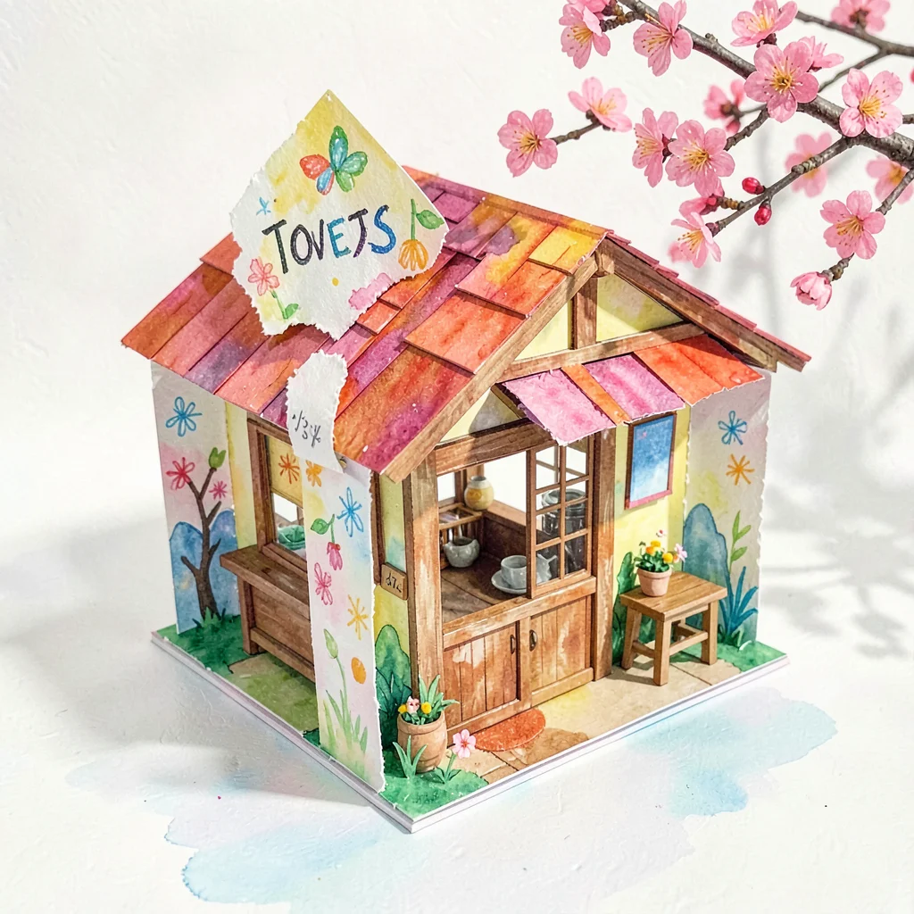 A pop-up paper tea-house with torn-paper paper-screens and crayon cherry-blossom
