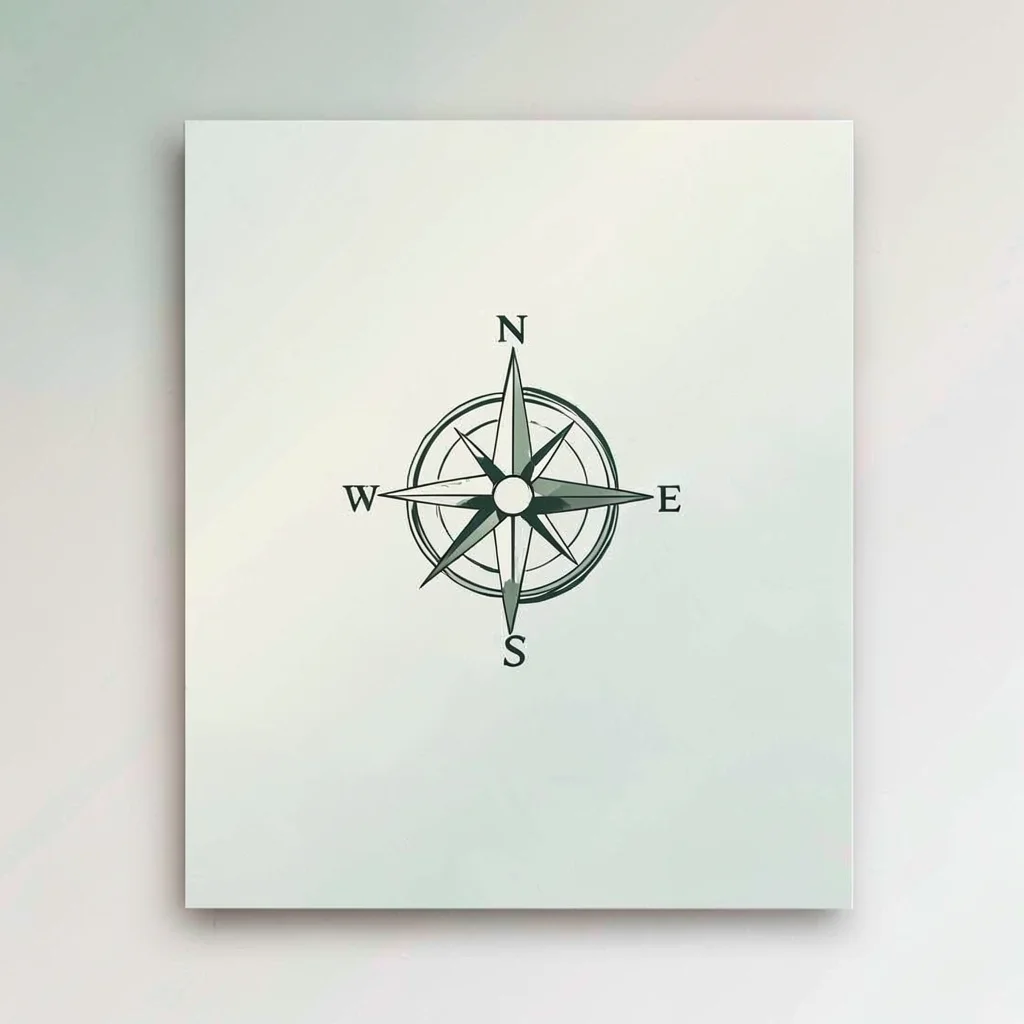 Card with a compass rose drawn in single stroke style, cream and sage palette, n