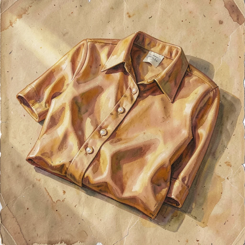 Warm-paper still life of a folded silk blouse on aged kraft paper, mother-of-pea