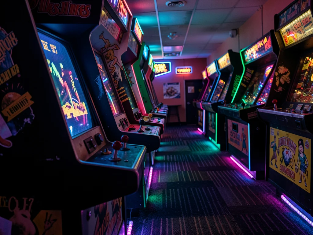 Pinball Machine Row with Glowing Backglass