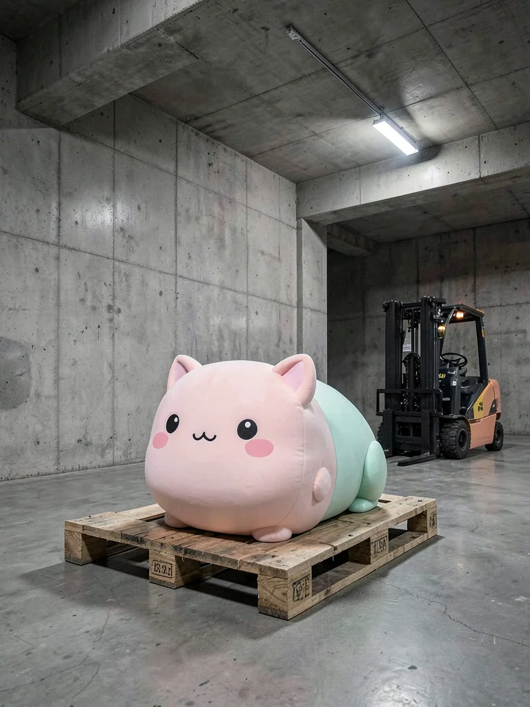 Pusheen plush on loading dock pallet, forklift in background, cute in utilitaria