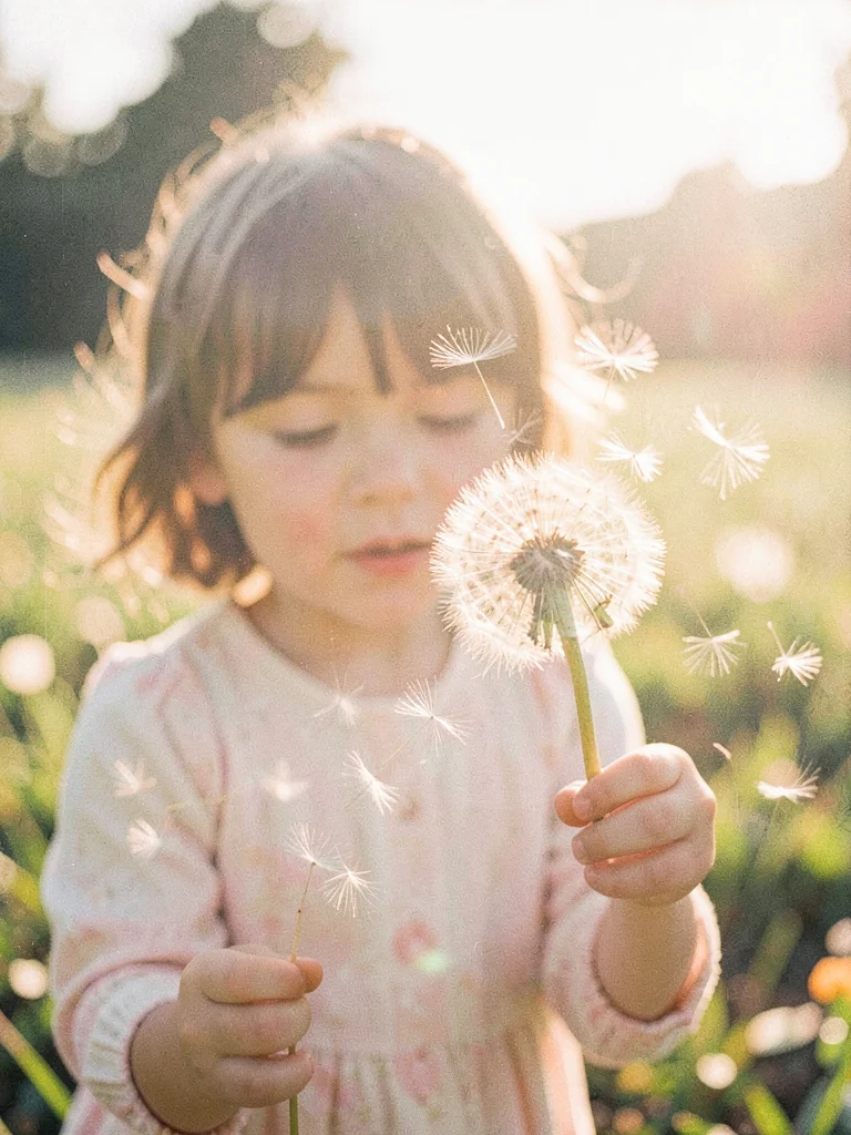 Child blowing dandelion seeds into golden light