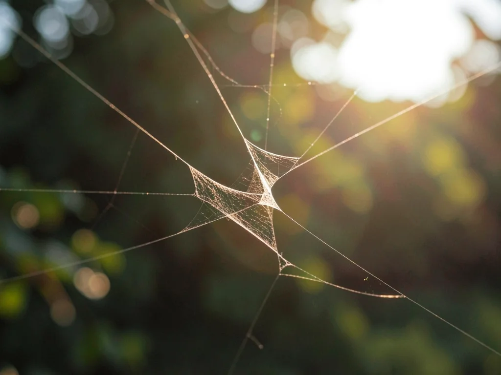 Thread of spider silk catching morning light, suspended between nothing and noth