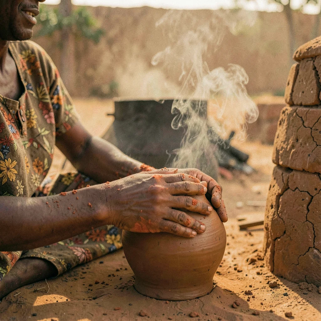 Golden Harmattan dust haze in Bamako, Mali, Potter shaping clay vessel, hands co