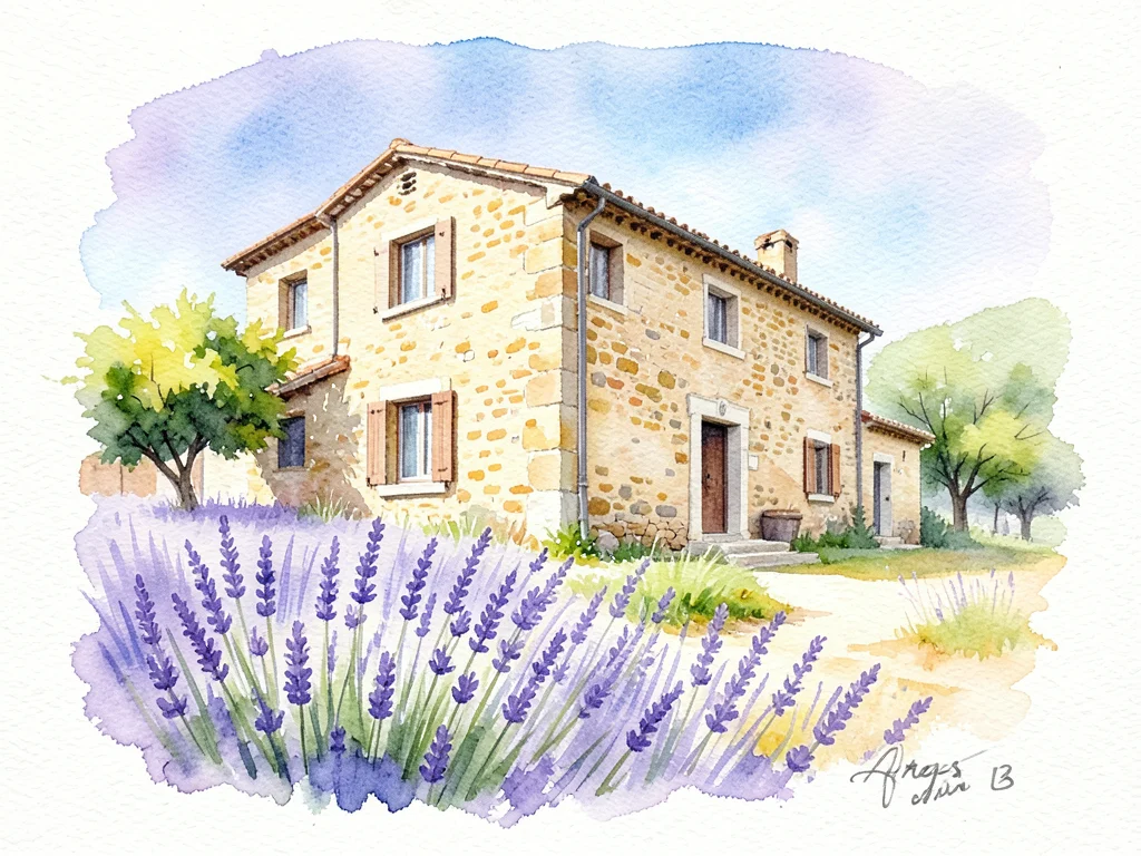 An old stone farmhouse in Provence, lavender in the foreground painted wet-into-