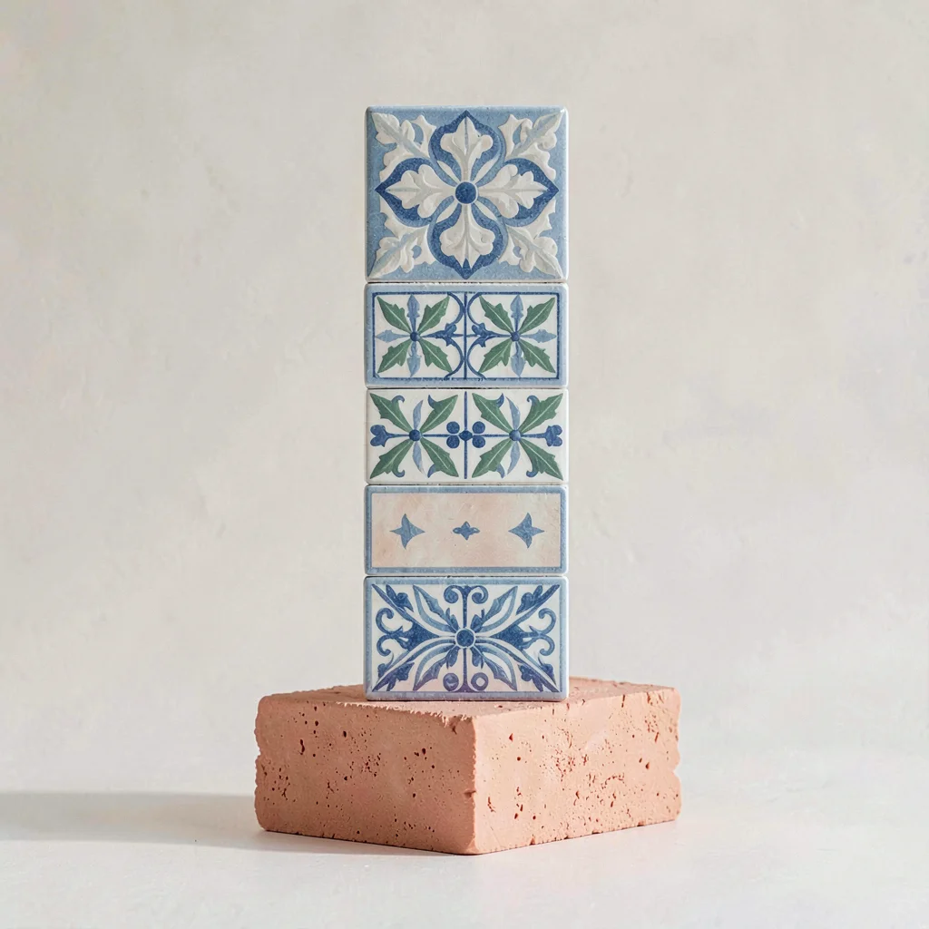 Vertical story-ratio composition of a tall stack of decorative tiles against a c