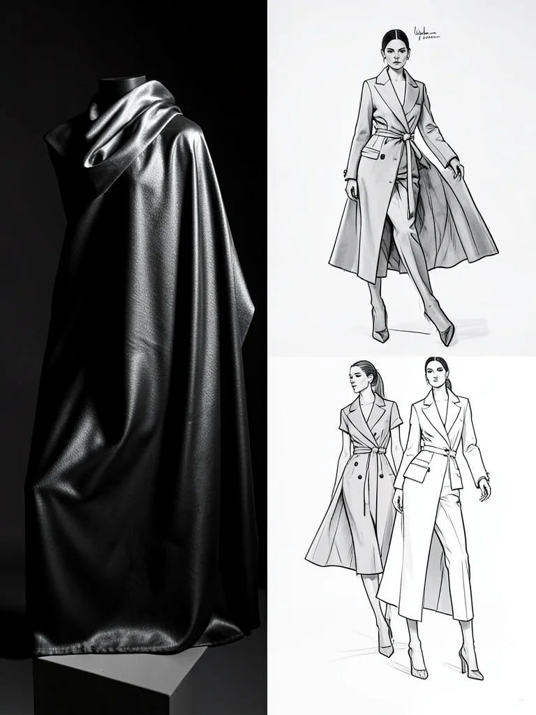 Fabric draping on form, photo transitioning to fashion figure croquis sketch