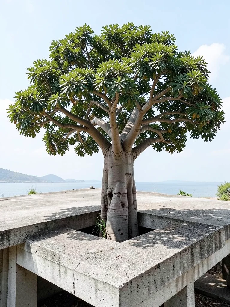 Baobab tree growing through hole in brutalist concrete platform, life vs structu