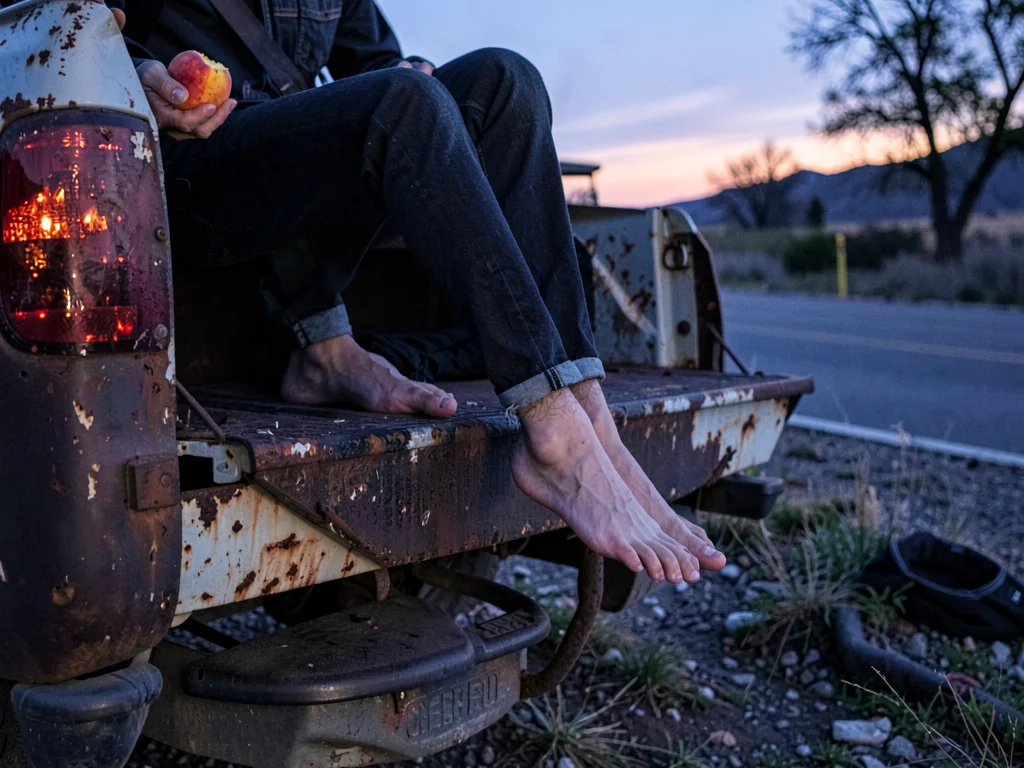 Bare feet dangling from tailgate of rusted pickup at twilight, half-eaten peach 