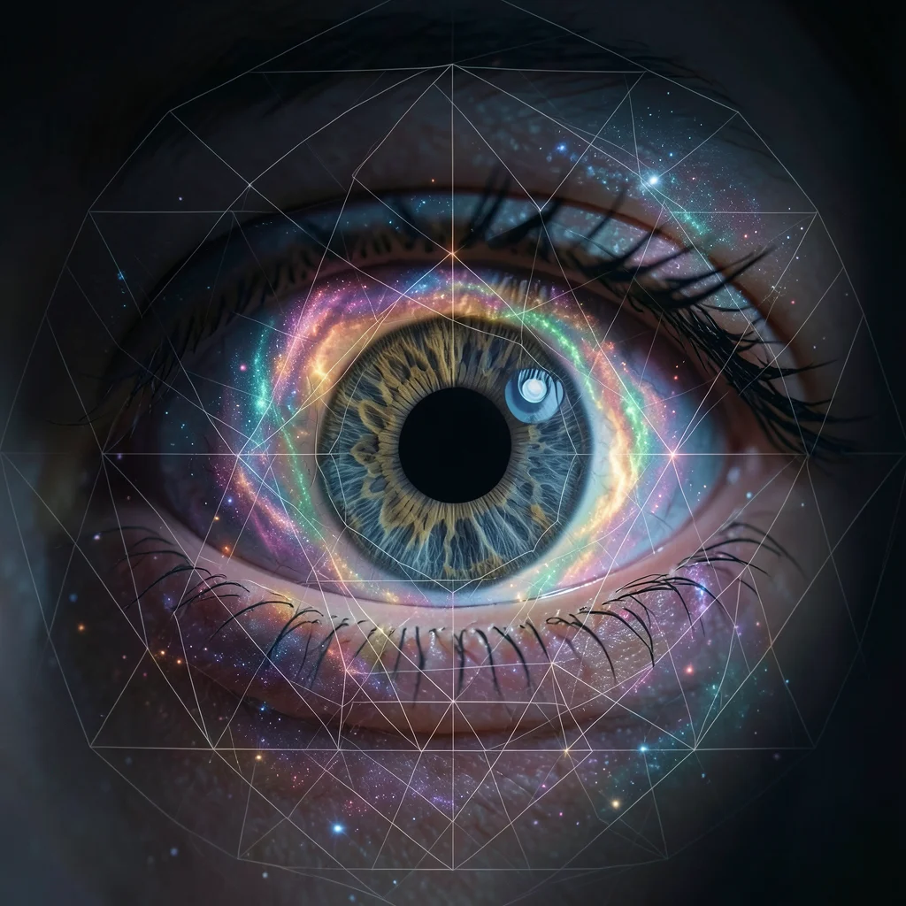 Eye close-up merged with galaxy spiral, iris as nebula, double exposure