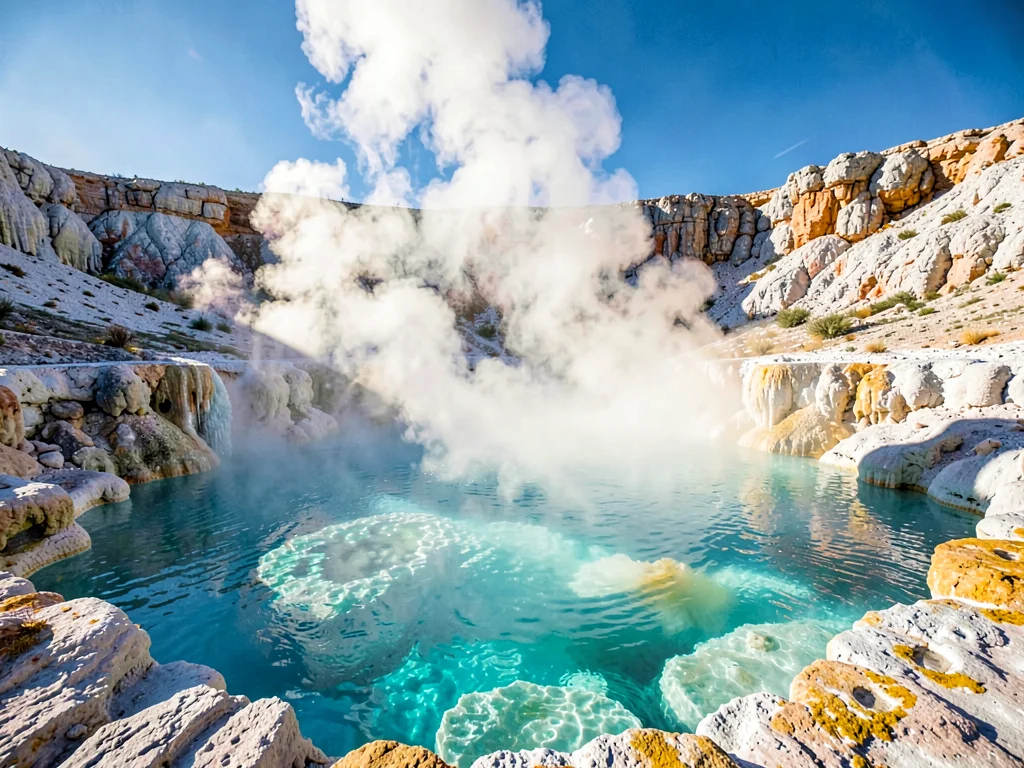 Steam rising from thermal pool catching light